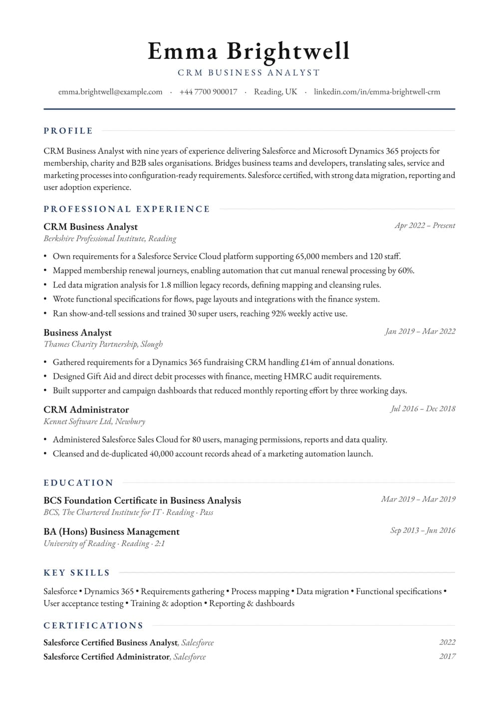 CRM Business Analyst CV template
