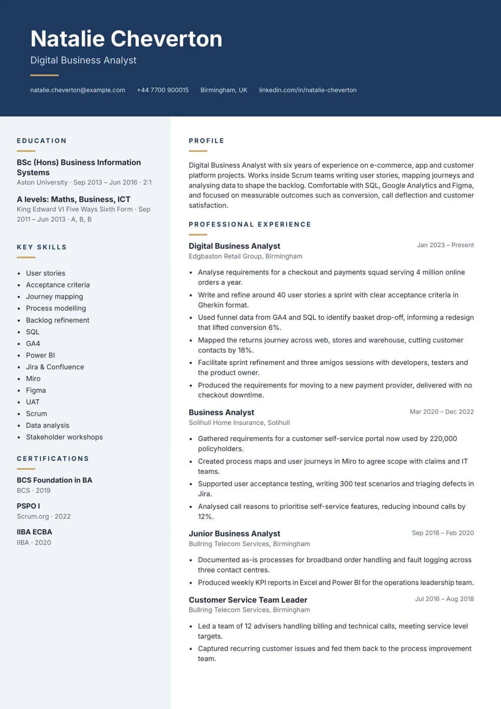 Digital Business Analyst CV template