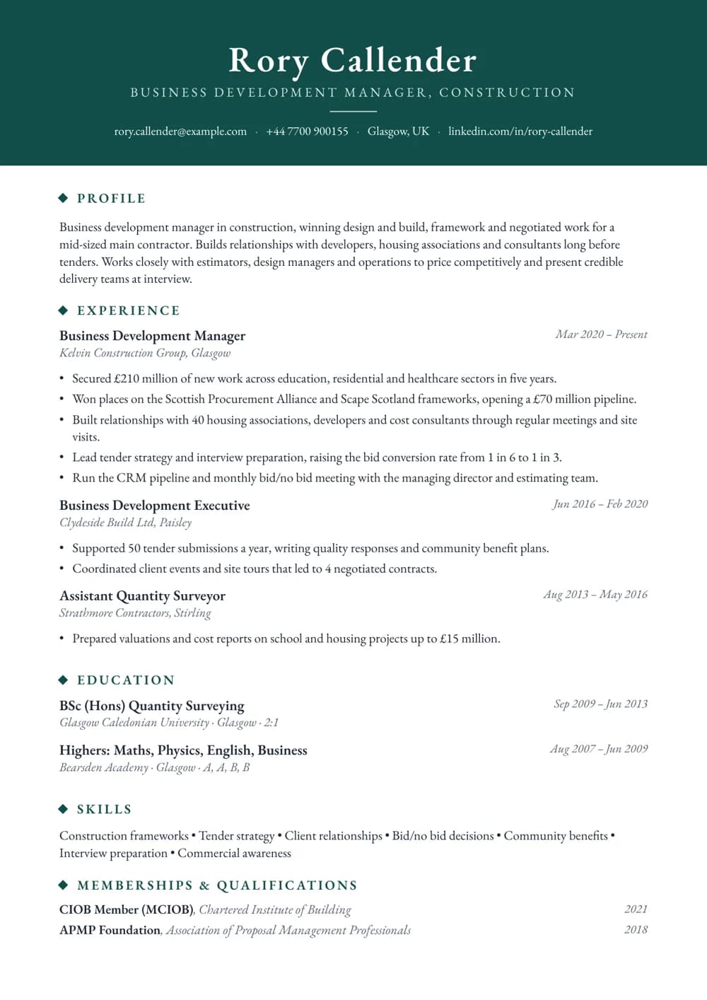 Construction Business Development Manager CV template