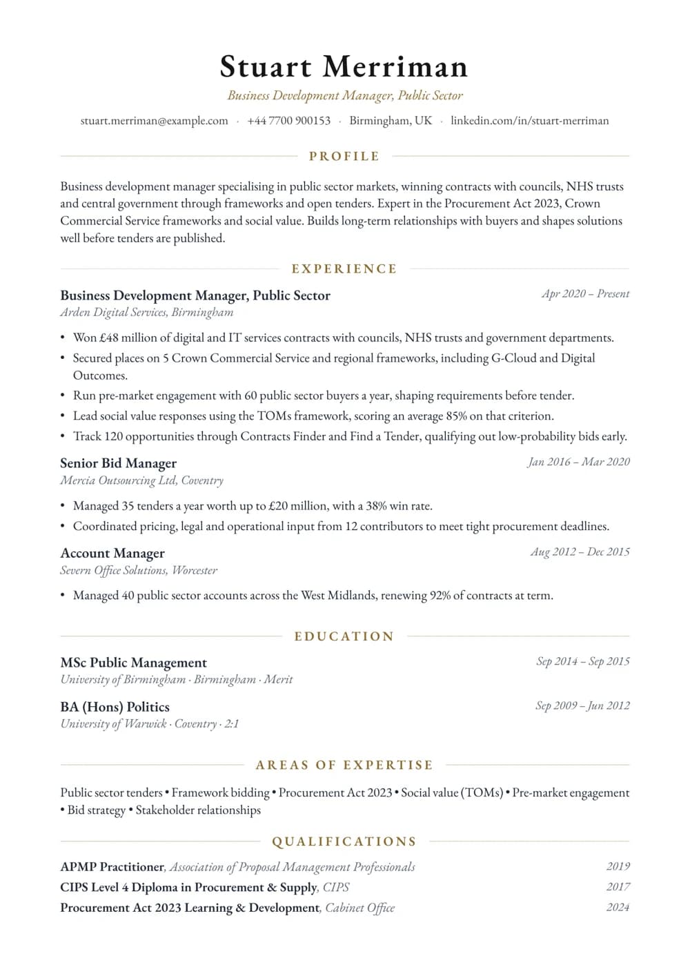 Public Sector Business Development Manager CV template