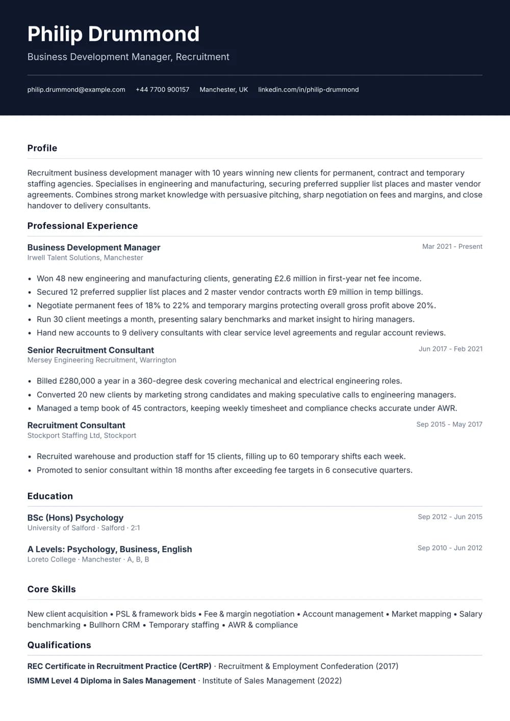 Recruitment Business Development Manager CV template