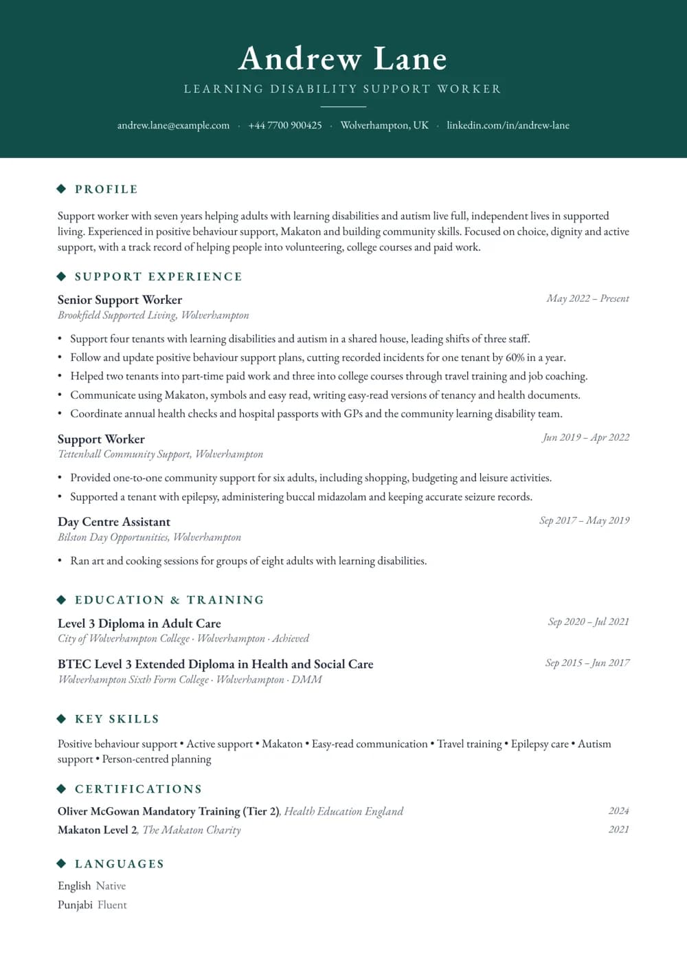 learning disability support worker cv template