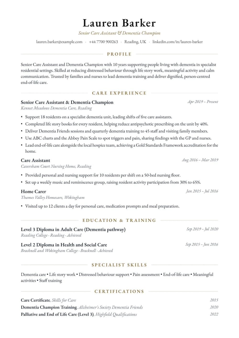 Dementia Care Specialist CV template