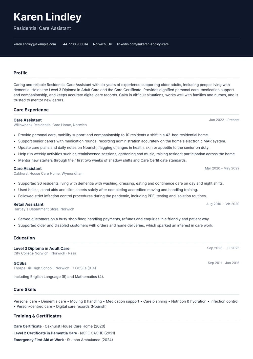 residential care assistant cv template