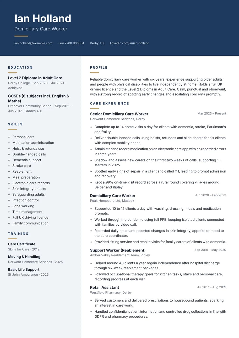 Domiciliary Care Worker CV template