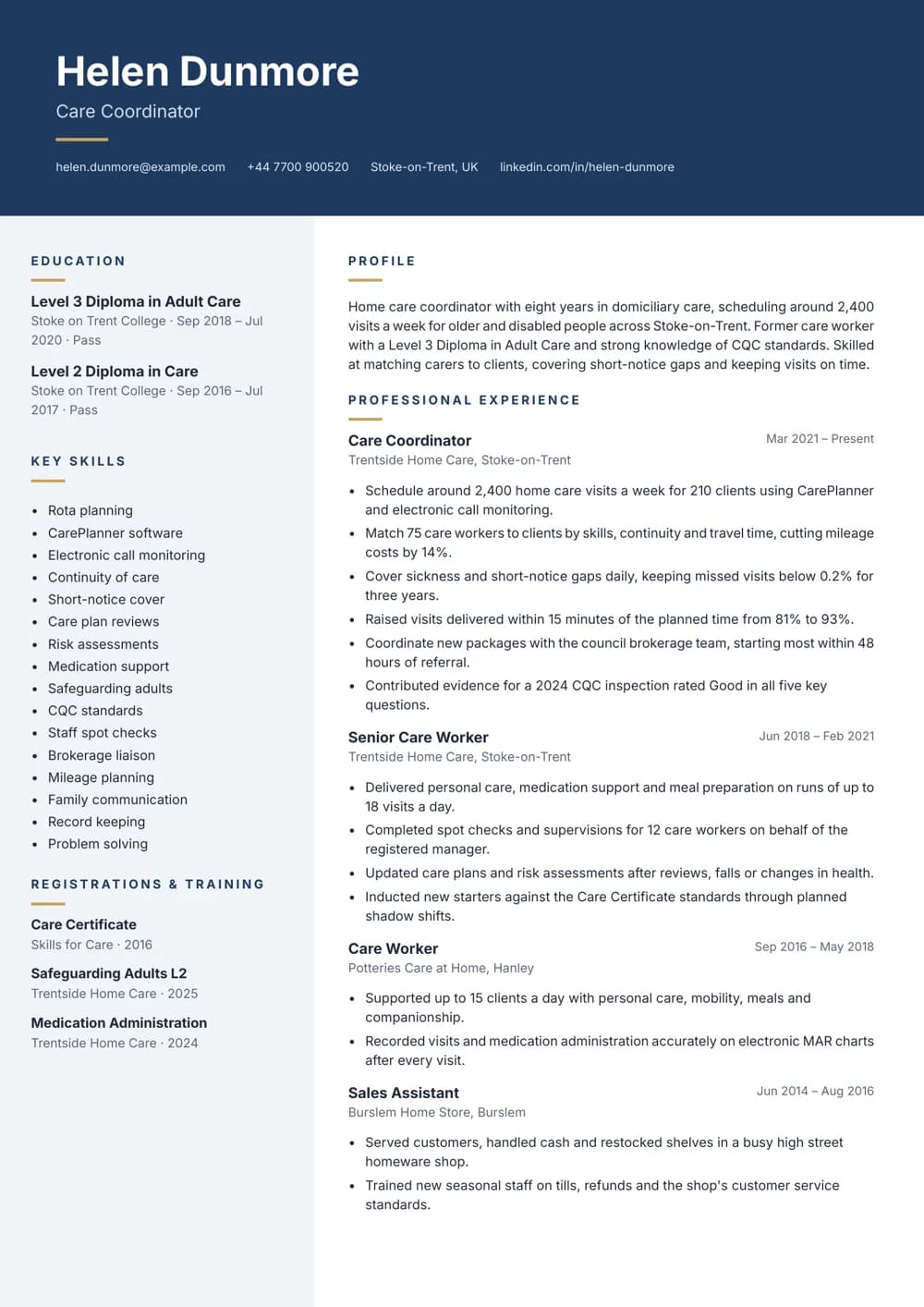 Home Care Rota Coordinator CV template