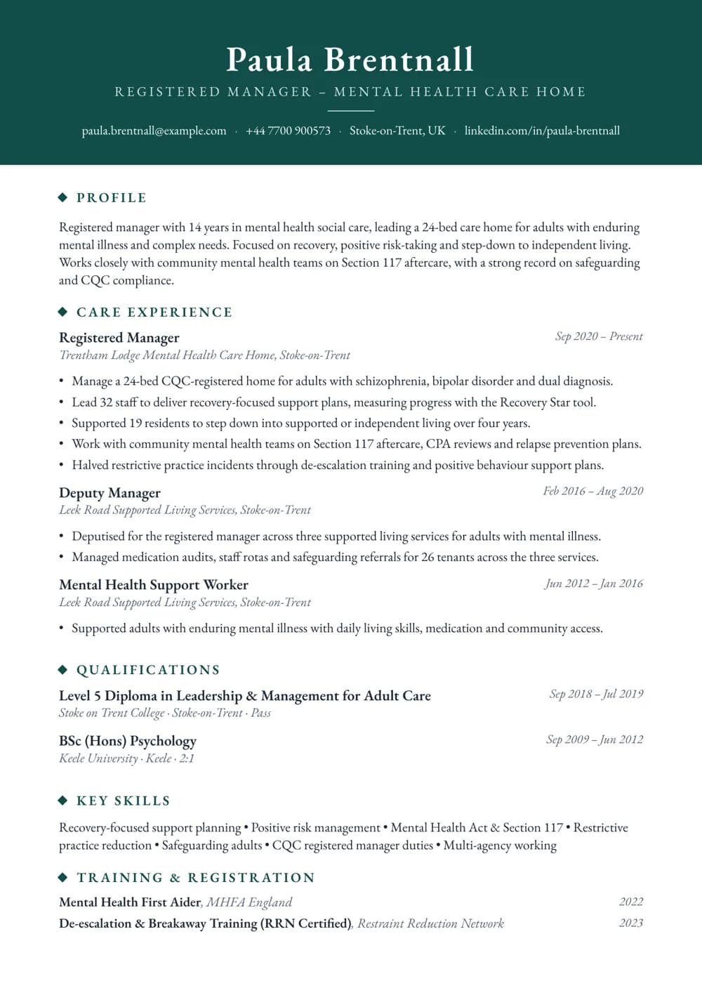 Mental Health Care Home Manager CV template