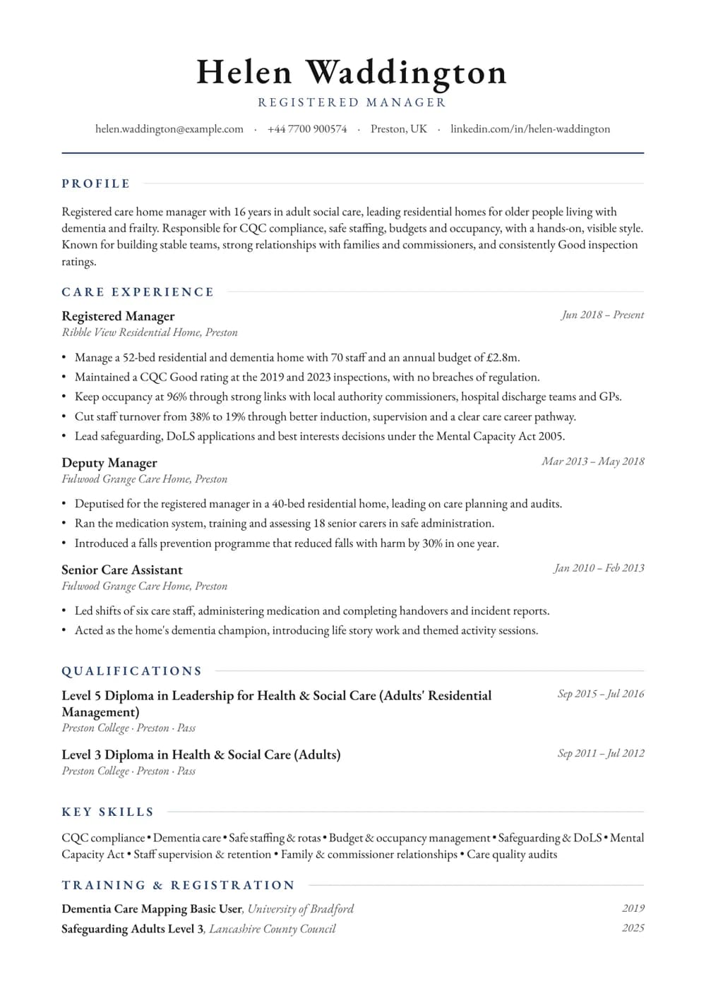 Registered Care Home Manager CV template