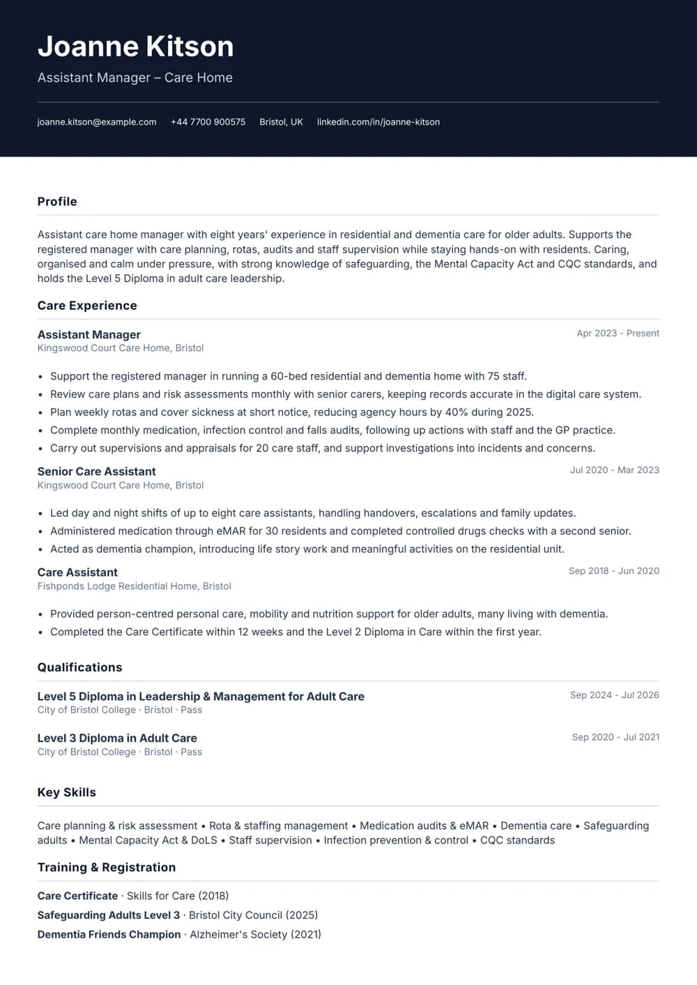 Assistant Care Home Manager CV template