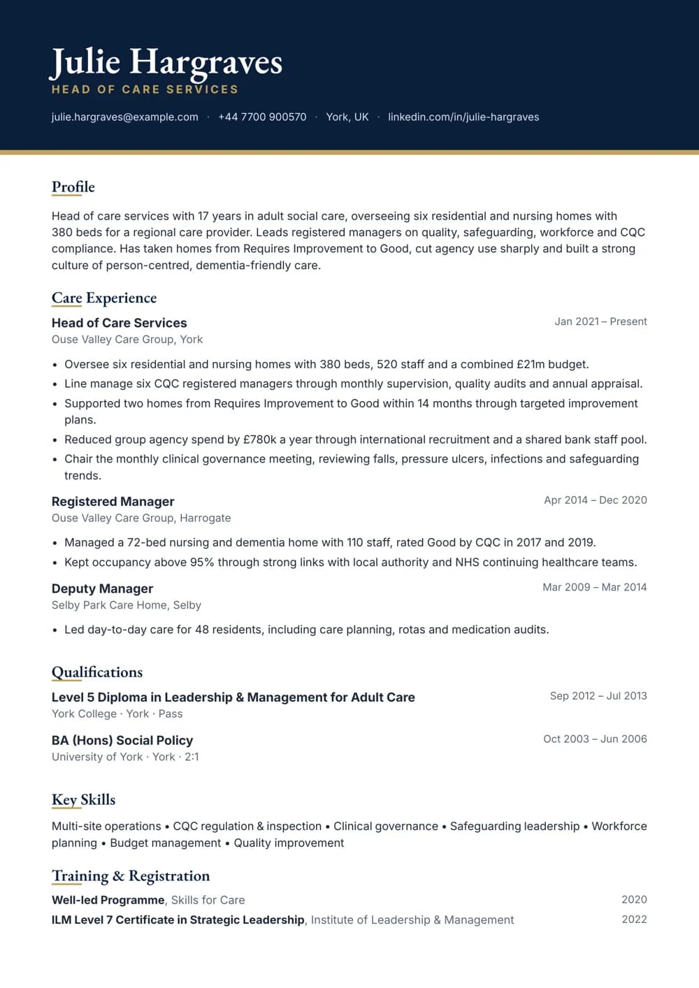 Head of Care Services CV template
