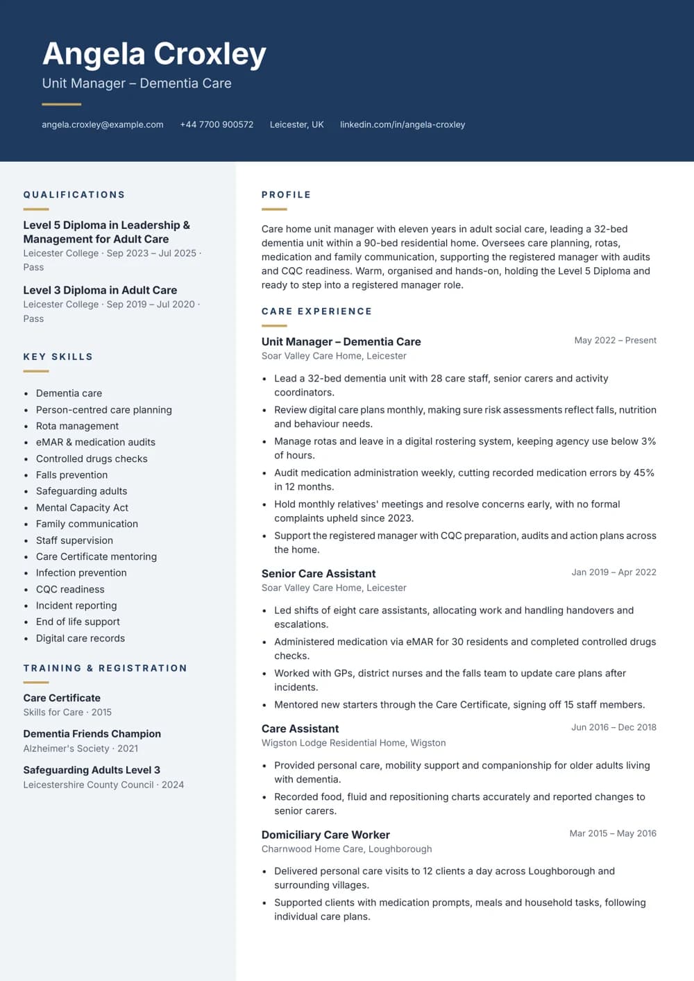 Care Home Unit Manager CV template