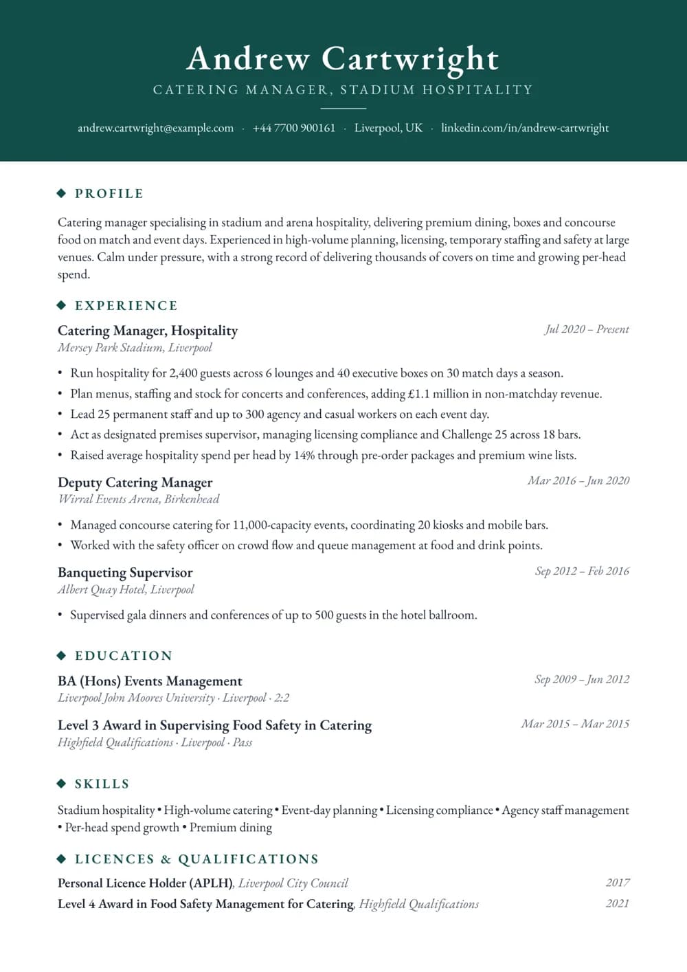 Stadium Hospitality Catering Manager CV template