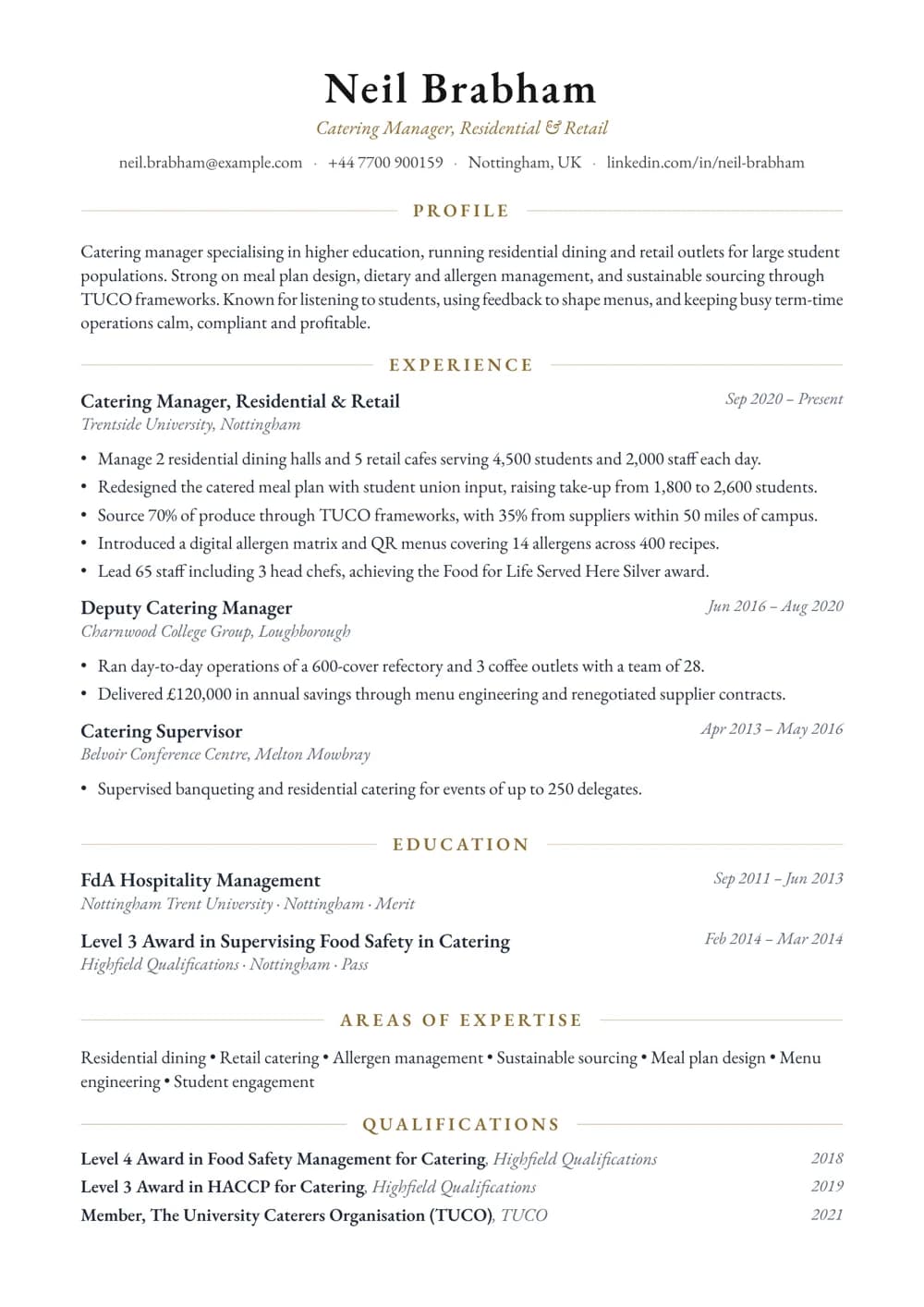 University Catering Manager CV template