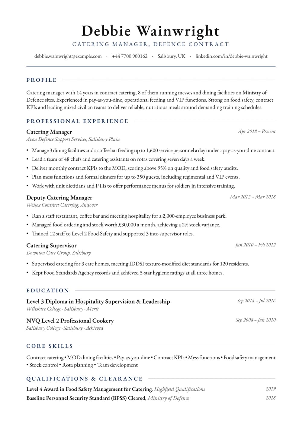 Defence Catering Manager CV template
