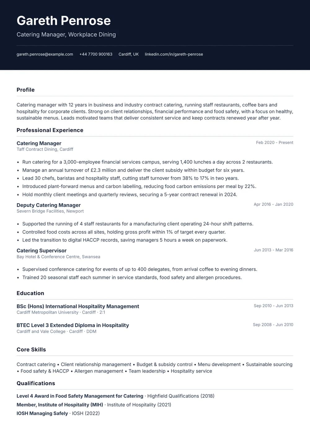Workplace Catering Manager CV template