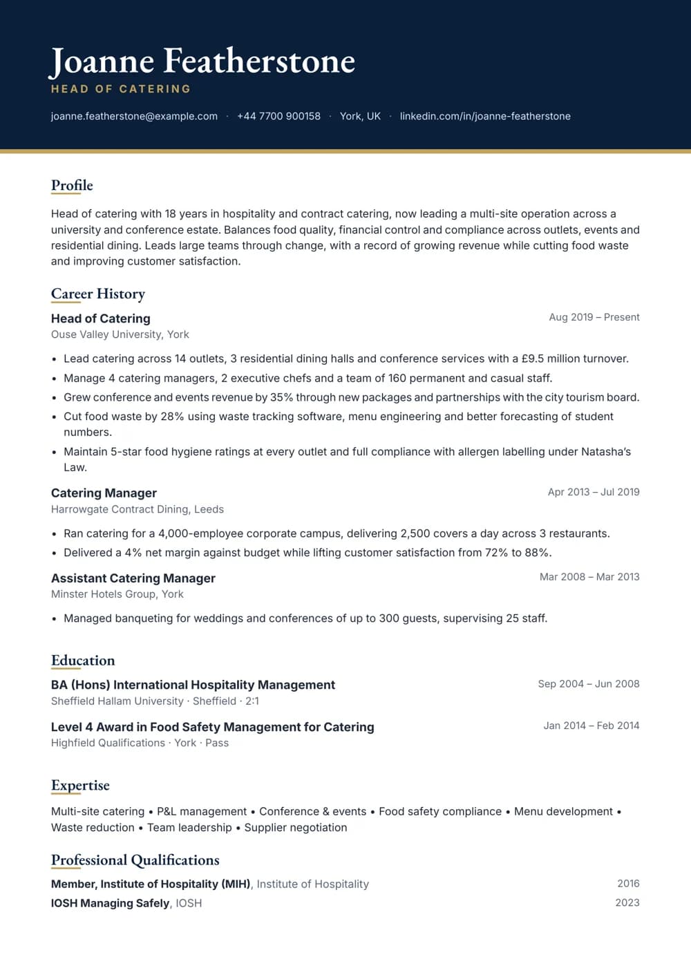 Head of Catering CV template