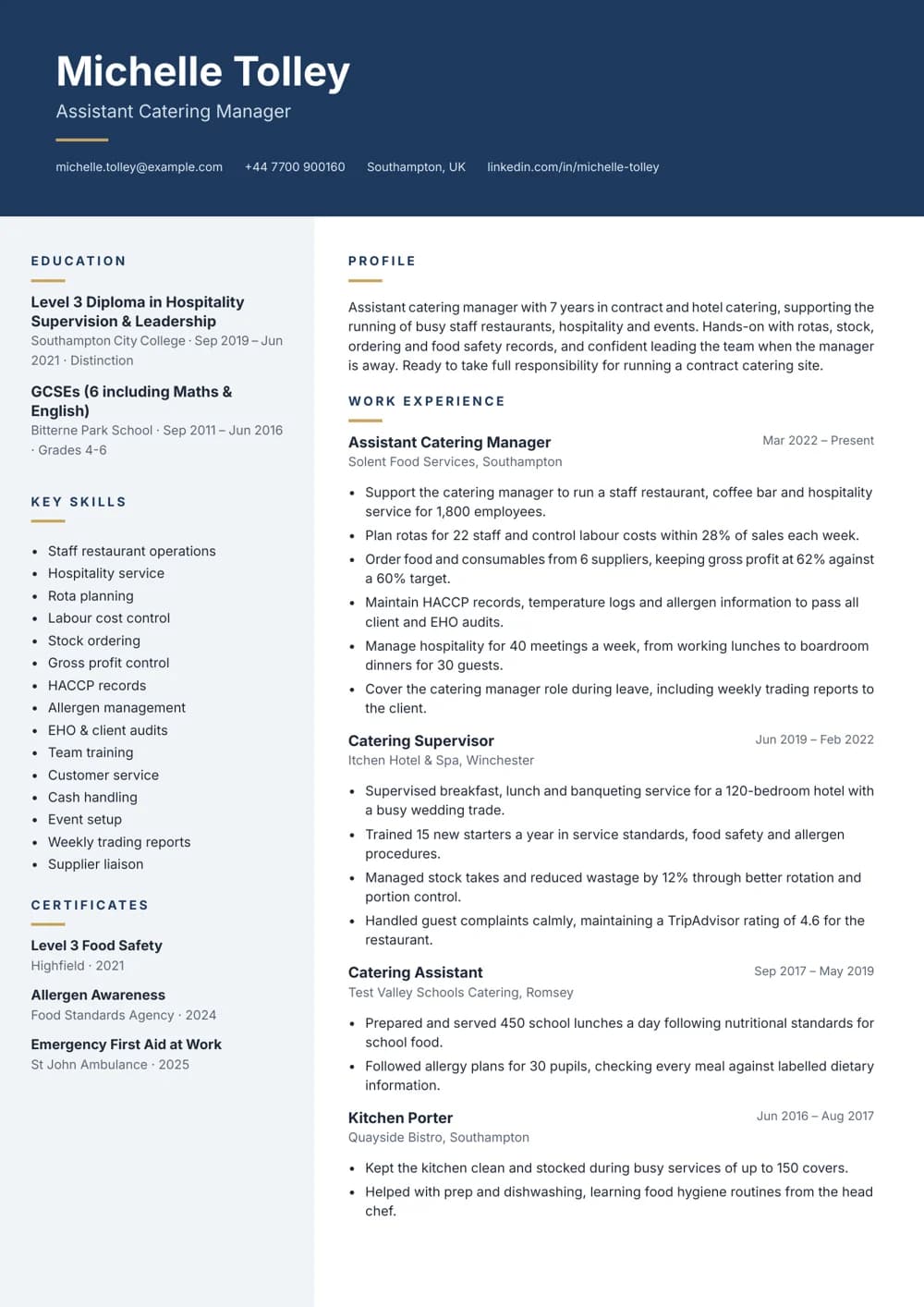 Assistant Catering Manager CV template