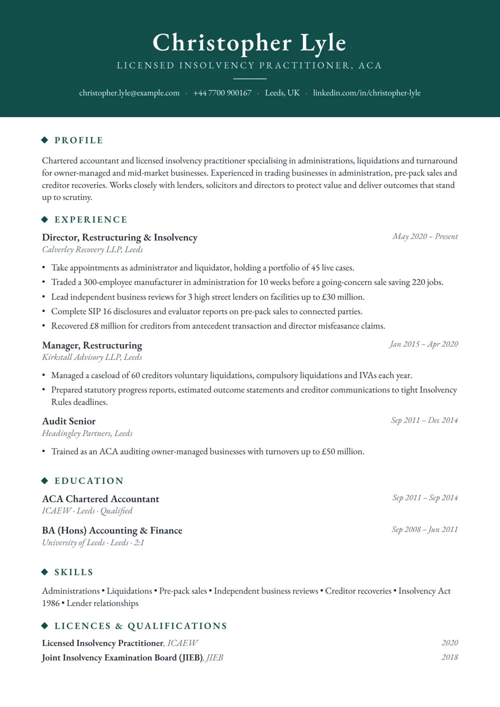 Insolvency Chartered Accountant CV template