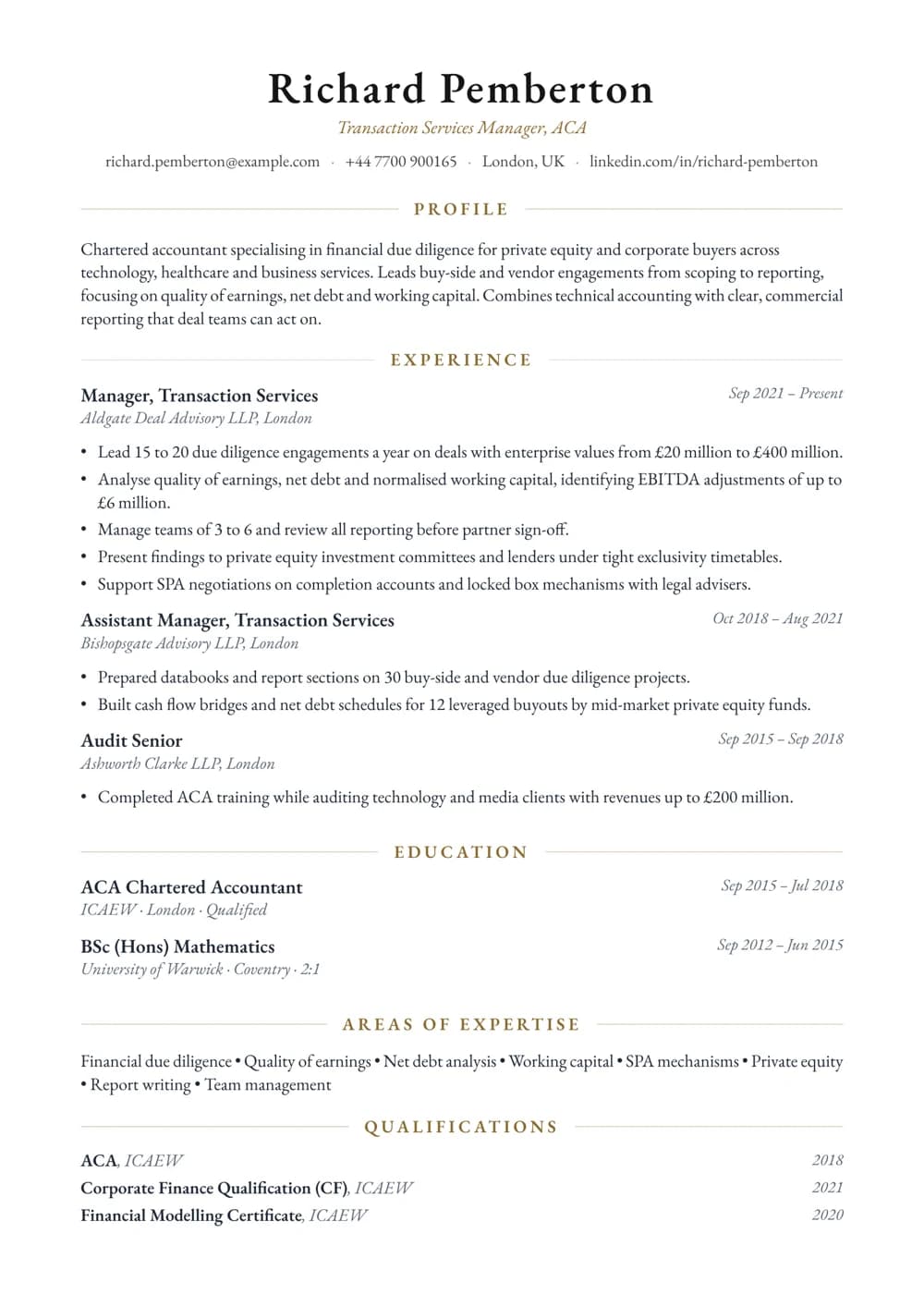 Transaction Services Manager CV template
