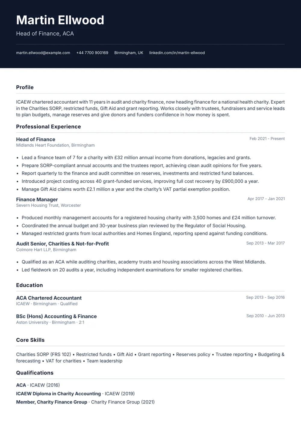 Charity Chartered Accountant CV template