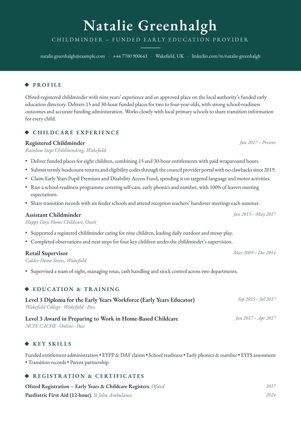funded hours childminder cv template