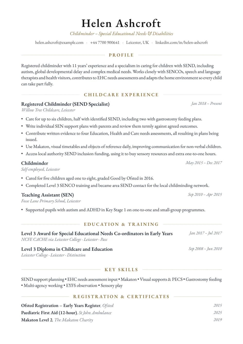 SEND Childminder CV template