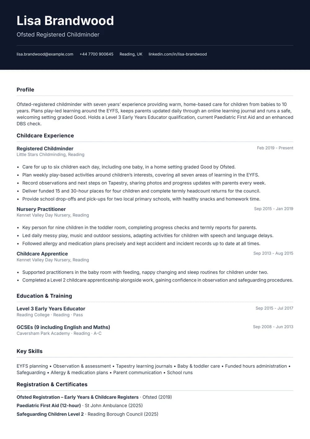childminder cv template