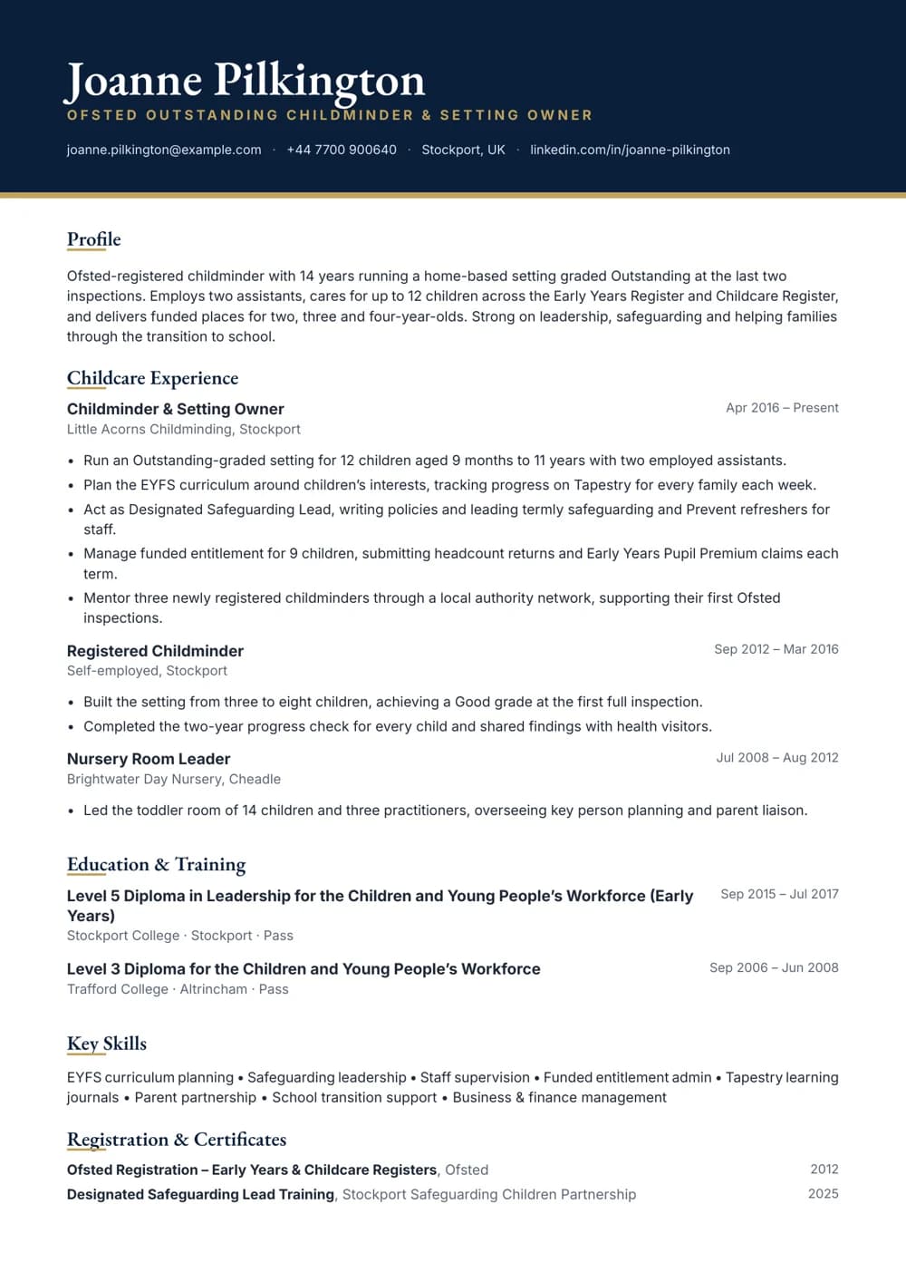 childminding setting owner cv template