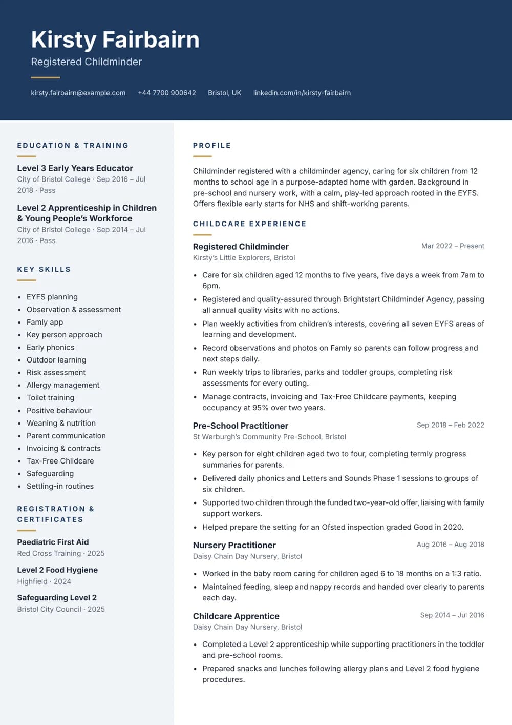 Agency-Registered Childminder CV template