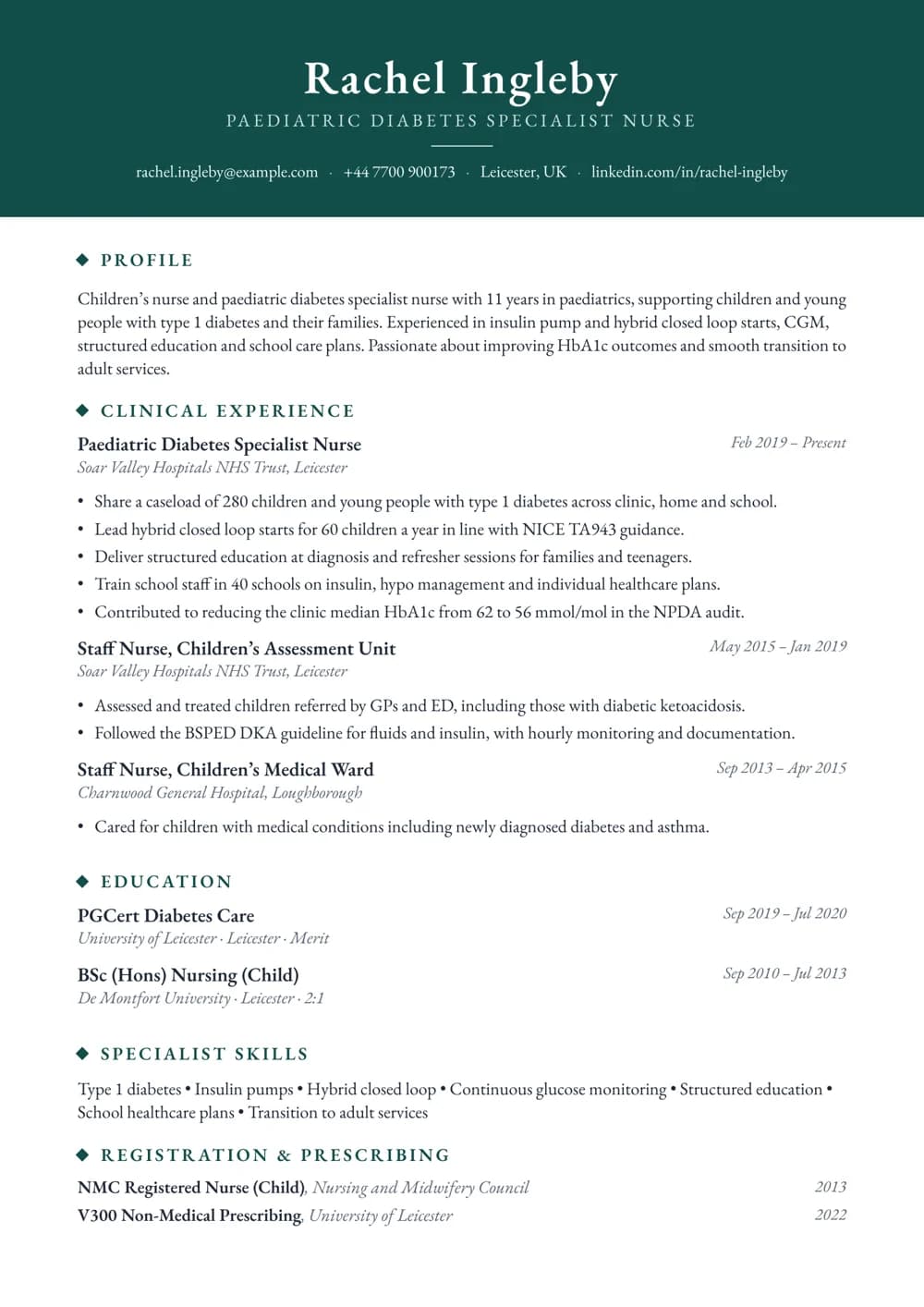 Paediatric Diabetes Nurse Specialist CV template