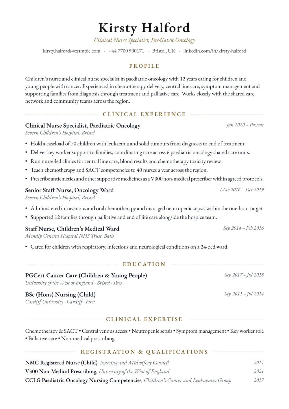 Paediatric Oncology Nurse Specialist CV template