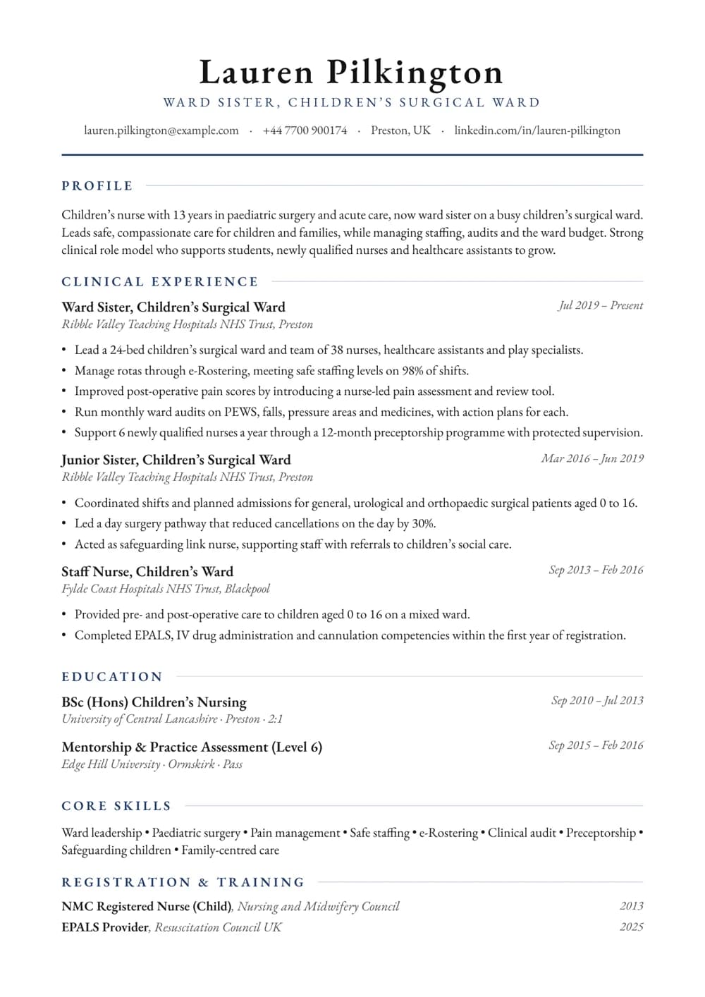 Children’s Ward Sister CV template