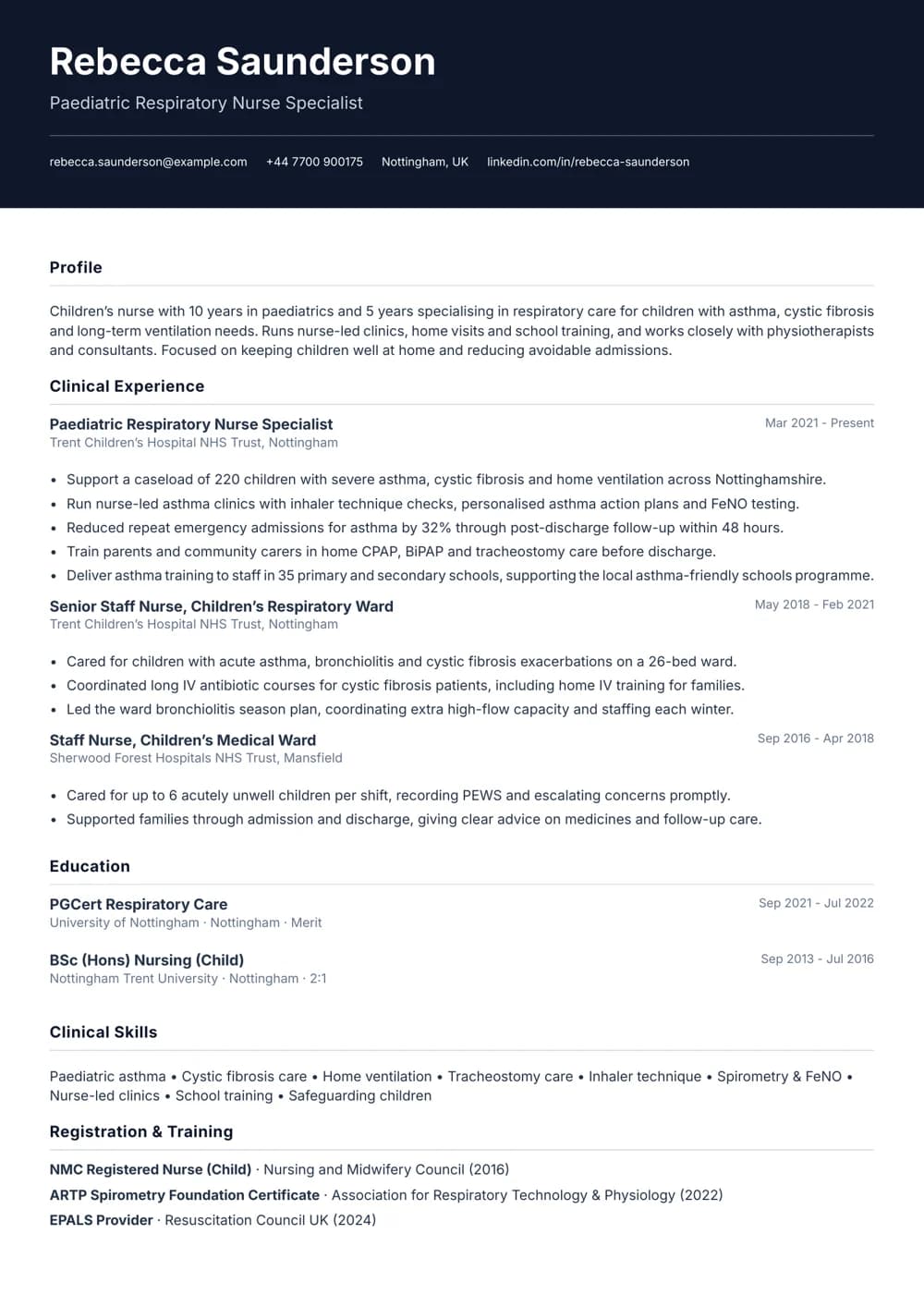 Paediatric Respiratory Nurse CV template