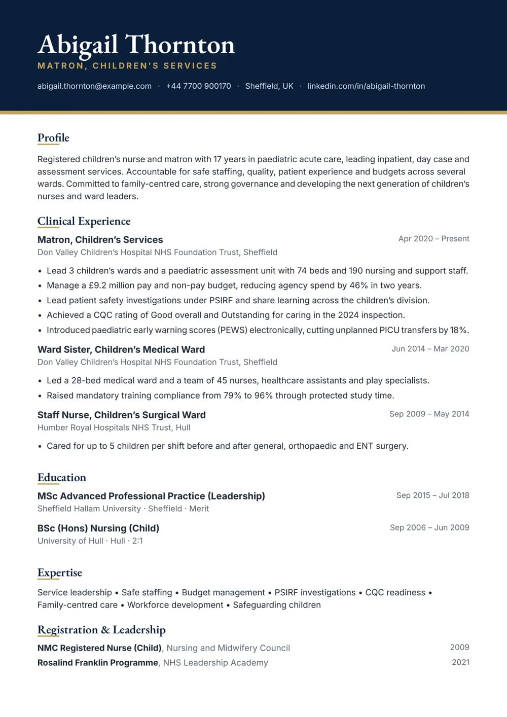 Paediatric Matron CV template