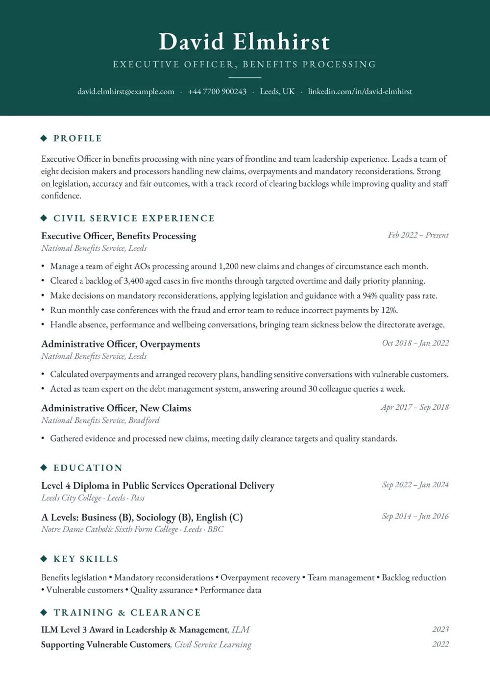 Benefits Processing Officer CV template