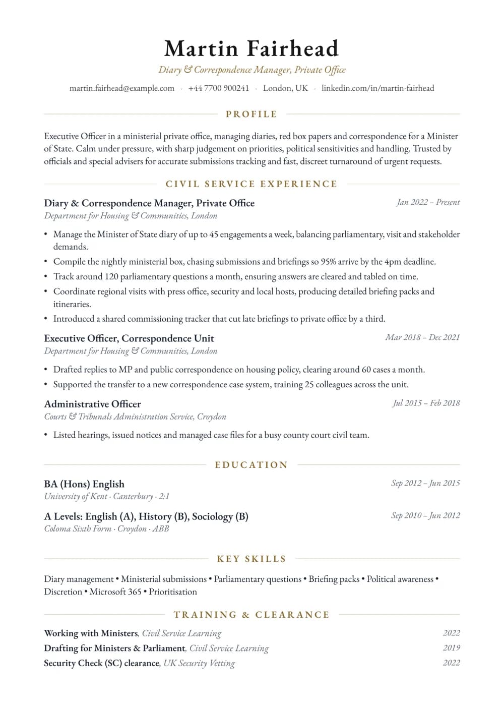 Private Office Administrator CV template
