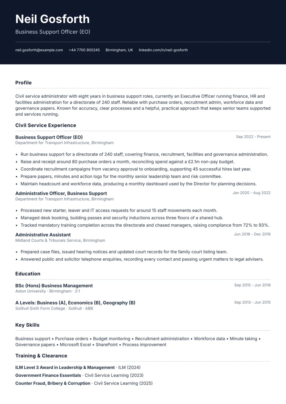 Business Support Administrator CV template