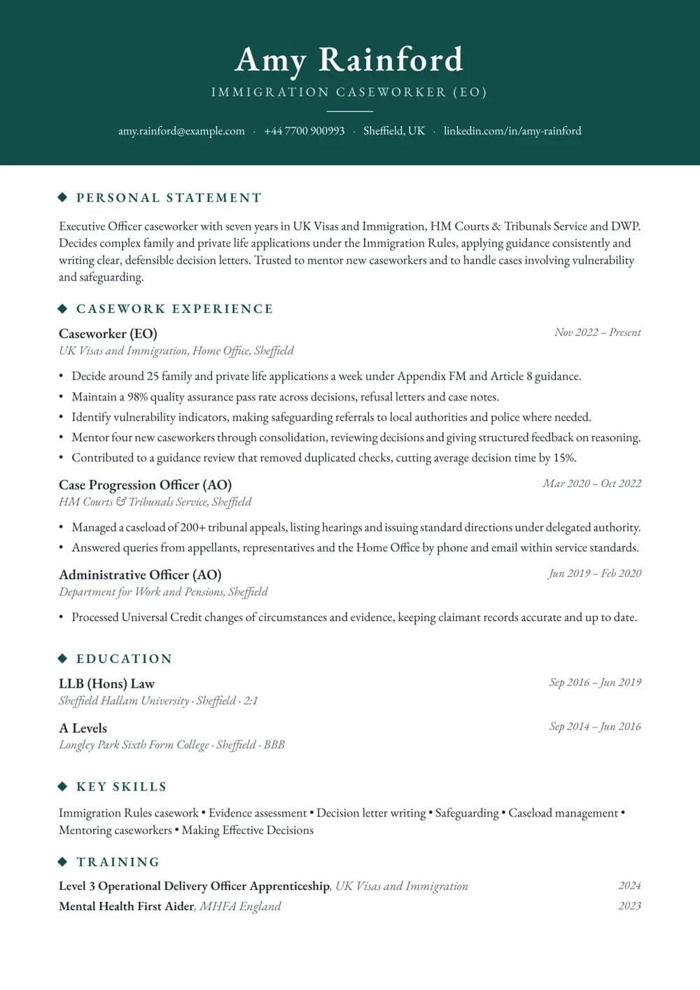 immigration caseworker (eo) cv template