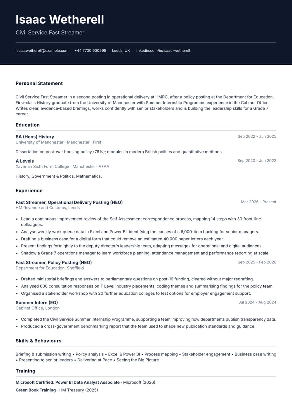 fast stream graduate cv template