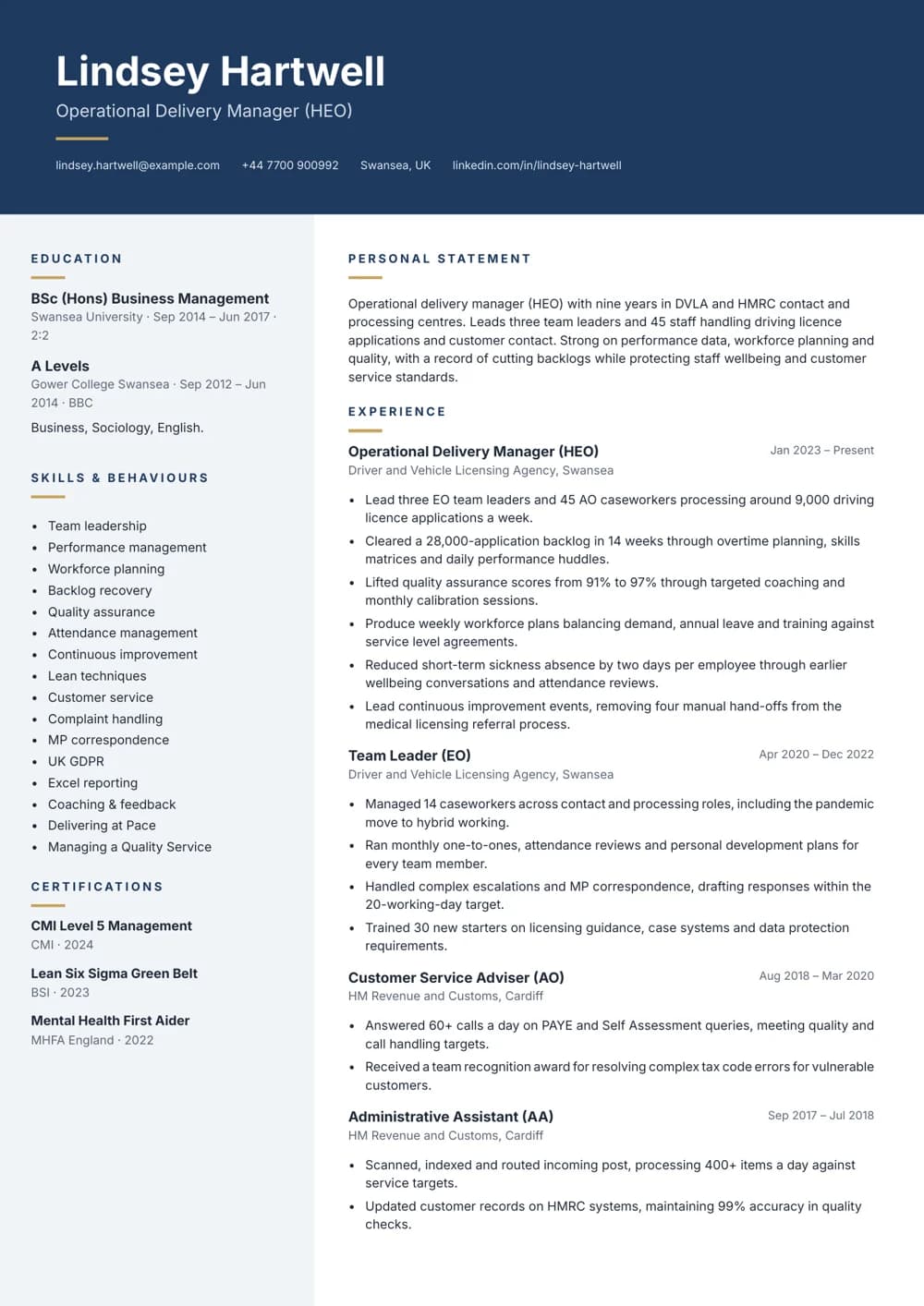 operational delivery manager (heo) cv template