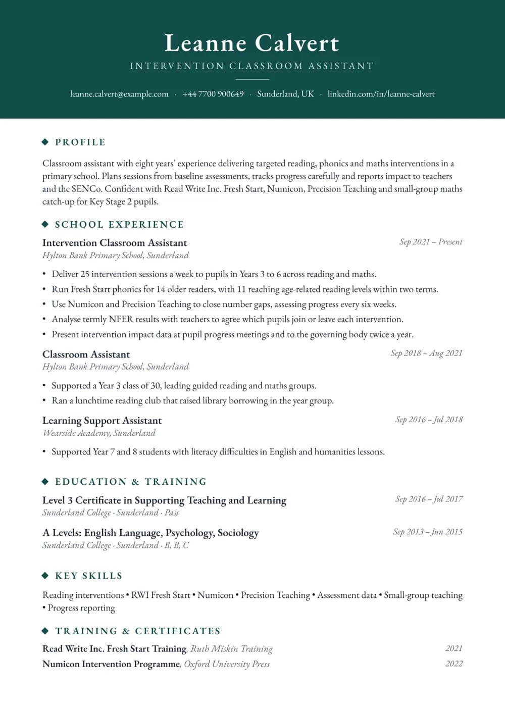 Intervention Classroom Assistant CV template