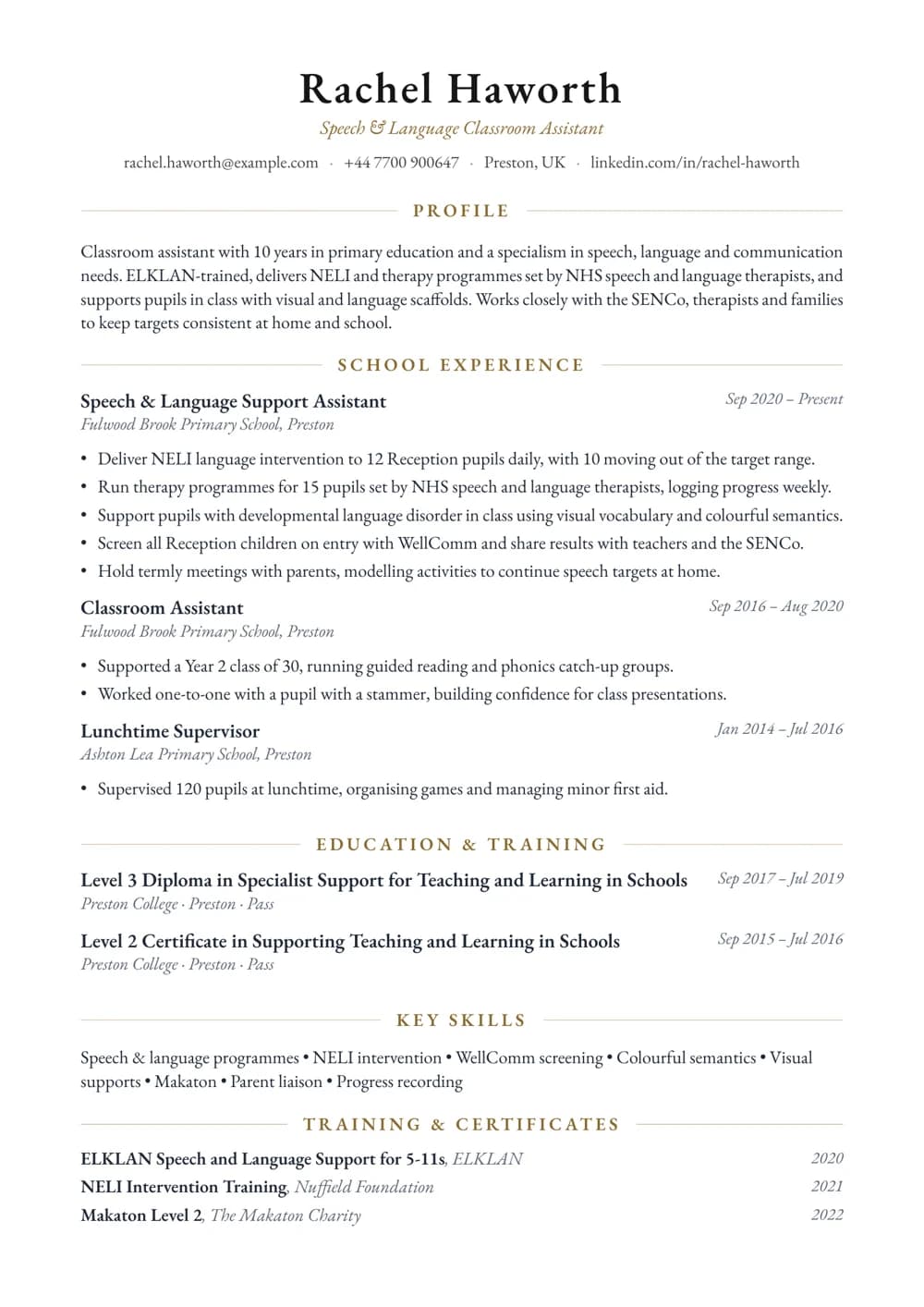 Speech & Language Support Assistant CV template