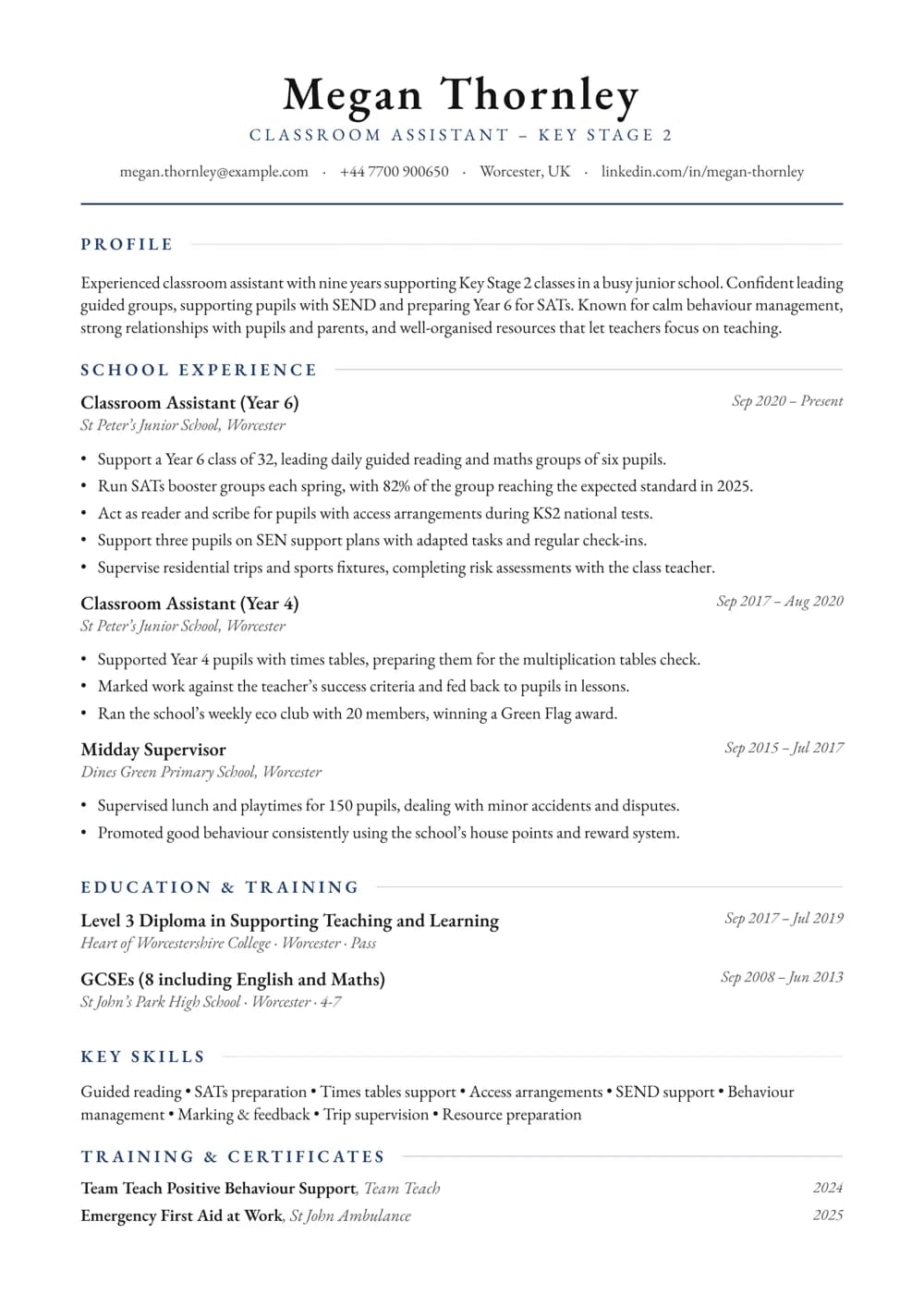 KS2 Classroom Assistant CV template