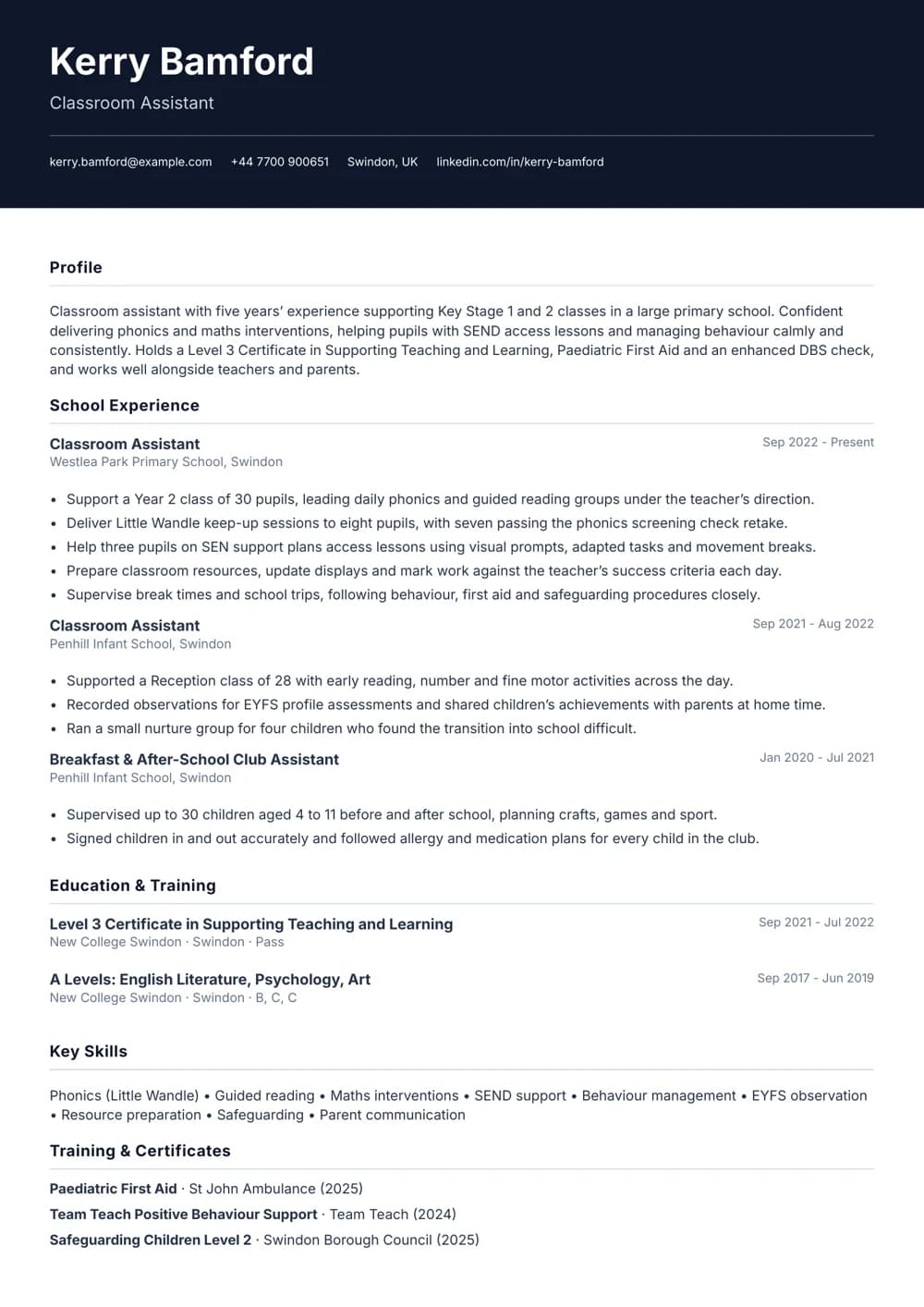 Classroom Support Assistant CV template