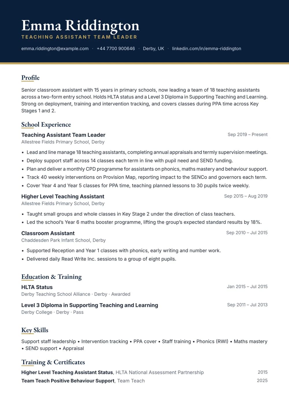Teaching Assistant Team Leader CV template