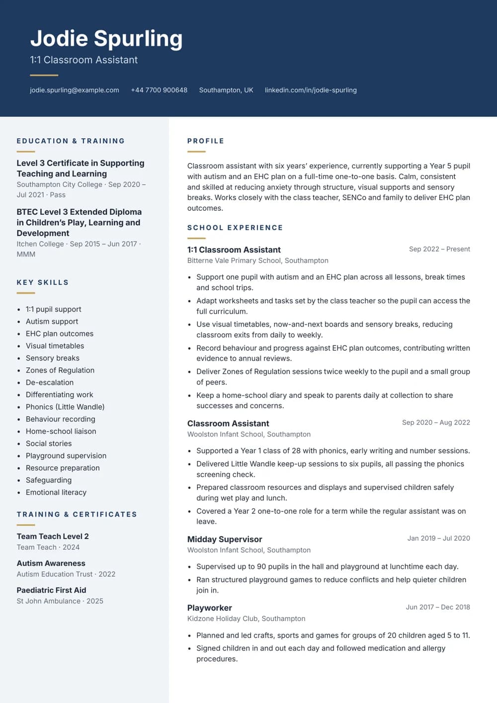 1:1 Classroom Assistant CV template