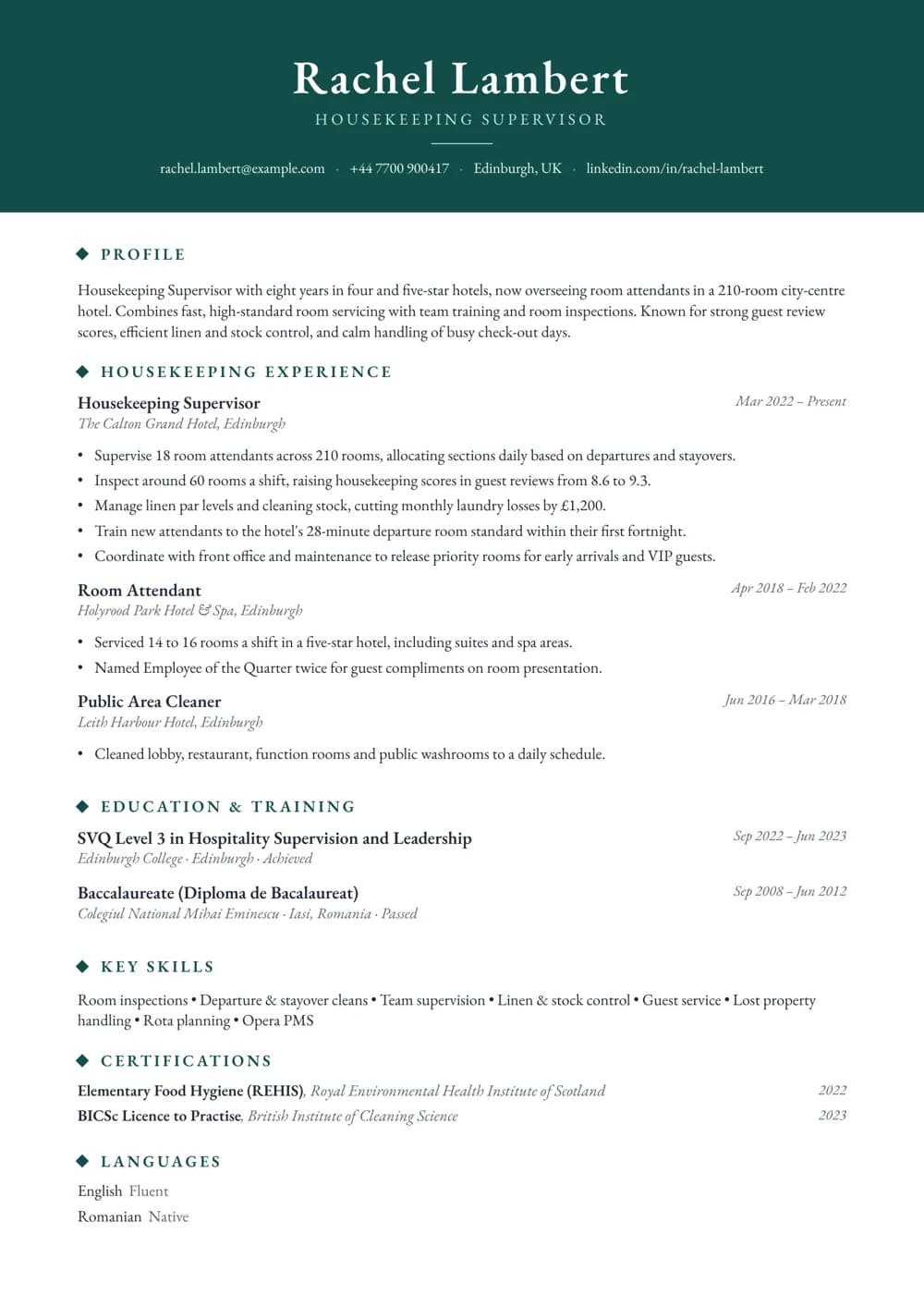 hotel housekeeper cv template