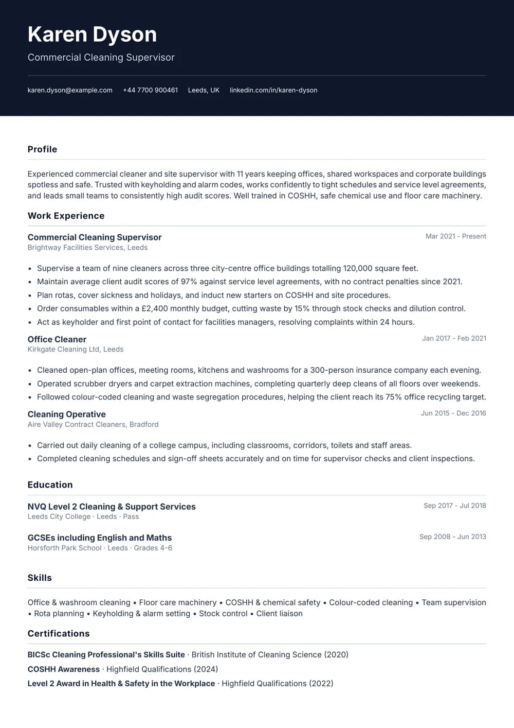 commercial office cleaner cv template