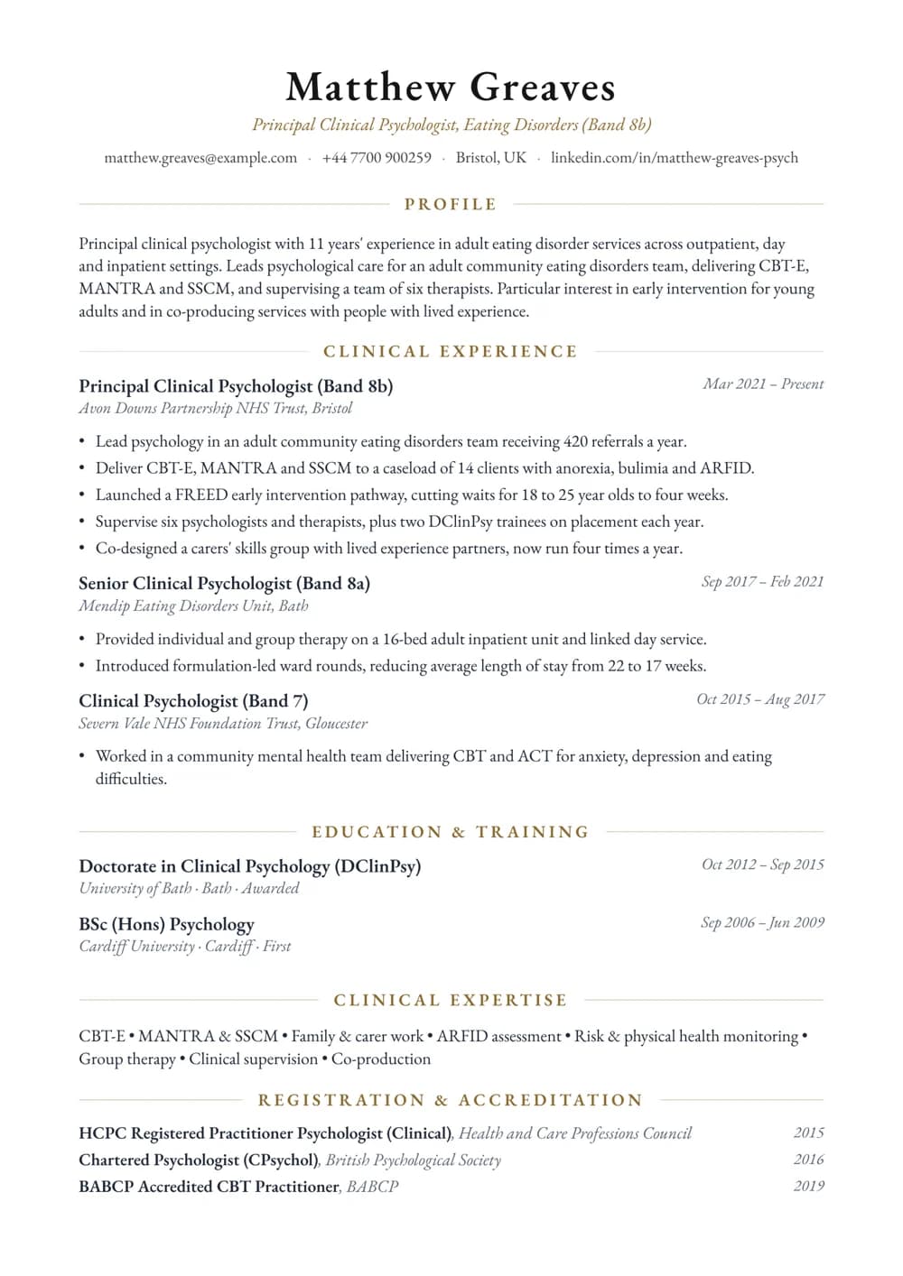 Eating Disorders Psychologist CV template