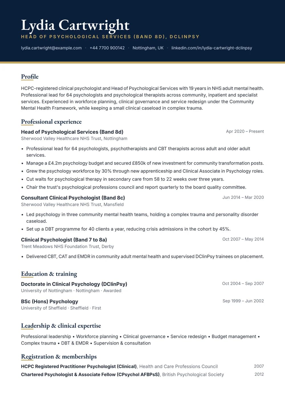 Head of Psychology Services CV template